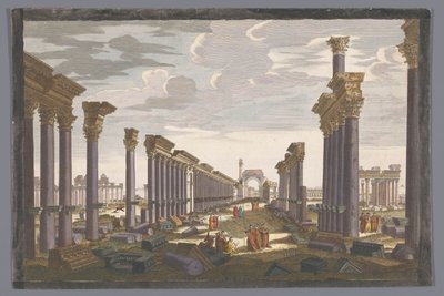 View of the ruins of the arch of the colonnade in Palmyra, seen from the west (12th View of the ruins of the grand temple of Palmyra from the west side) by Jean François Daumont