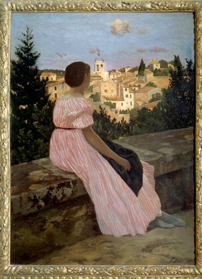 Pink Dress or View of Castelnau le Lez (Portrait of Therese des Hours) by Jean Frederic Bazille