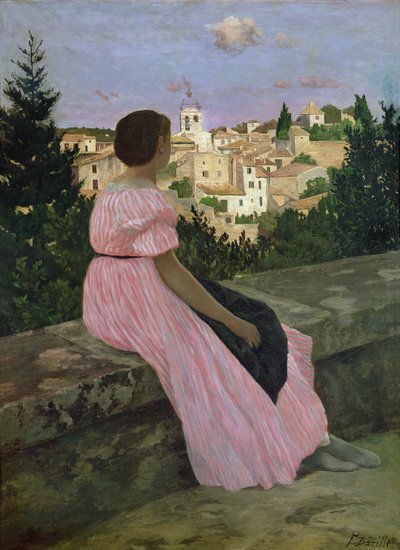 The Pink Dress, or View of Castelnau-le-Lez, Herault by Jean Frederic Bazille