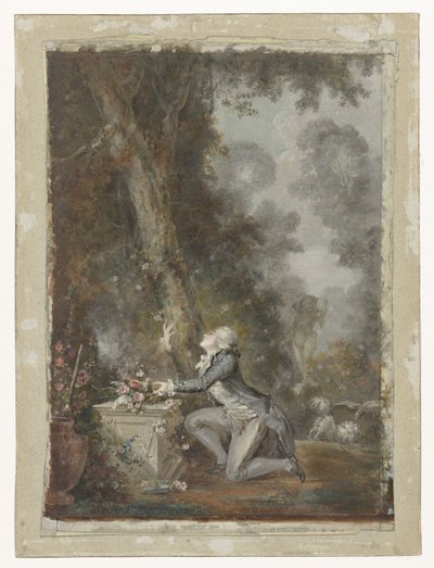 Young Man Kneeling by a Love Altar in a Garden by Jean Frederic Schall