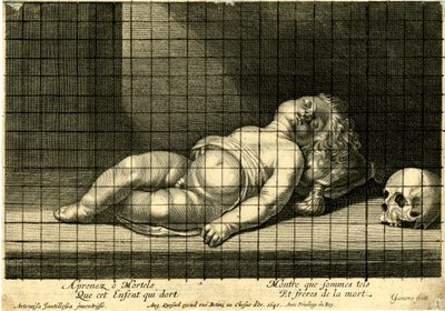 Child Sleeping with His Head Resting on a Cushion; Skull on the Right. 1640 by Jean Ganière