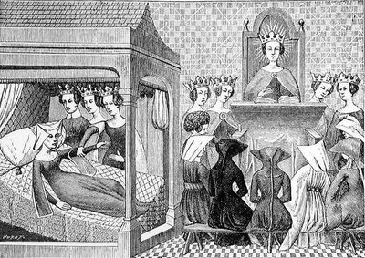 The Three Virtues, Reason, Uprightness and Justice, Urge Christina de Pisan to Write a Book of Ethics for the Instruction of Ladies, Illustration from Science and Literature in the Middle Ages and the Renaissance, Written and Engraved by Paul Lacroix, 1878 by Jean Georges after Huyot