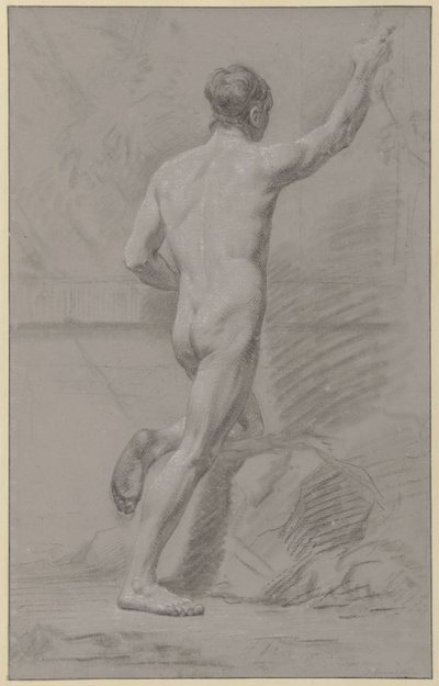 Standing Male Nude, Left Knee on a Rock, Right Arm Raised by Jean Grandjean