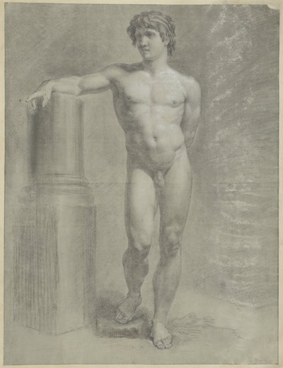 Standing Male Nude, Right Arm on a Broken Column, Front View by Jean Grandjean