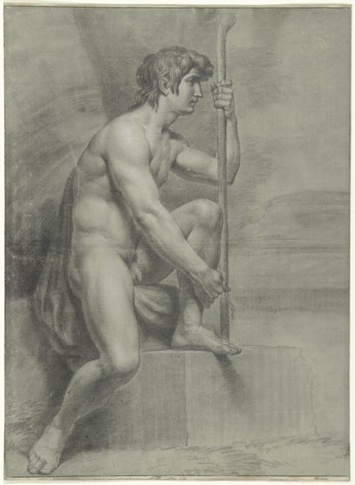 Seated Male Nude with Staff and Raised Left Leg by Jean Grandjean
