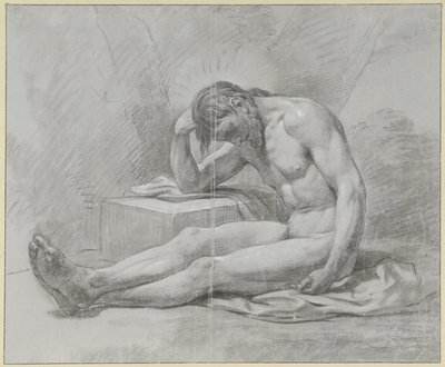 Sitting Male Nude, on the Ground, Leaning on a Block with Right Arm by Jean Grandjean