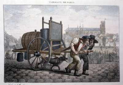 Former street metier in Paris: bath at home (two men pull a cart with a barrel filled with water). Engraving by Jean Henry Marlet in 