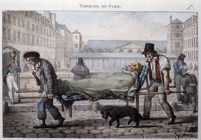 Former street metier in Paris: the poor patient leads to the hospital by the stretchers. Engraving by Jean Henry Marlet in 