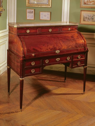 Louis XVI Cylinder-Top Mahogany-Veneered Bureau with Gilt Bronze Mounts, Carrara Marble Top Flanked by Candelabrum by Jean Henri Riesener