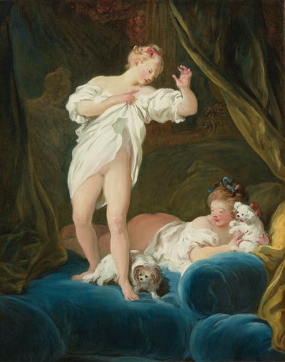 Two Girls on a Bed Playing with Their Dogs by Jean-Honore Fragonard