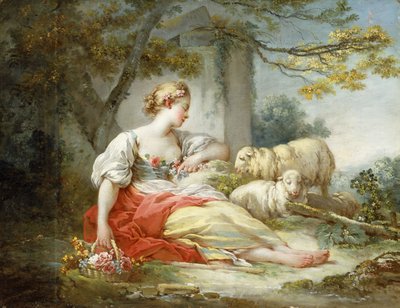 A Shepherdess Seated with Sheep and a Basket of Flowers Near a Ruin in a Wooded Landscape by Jean Honore Fragonard