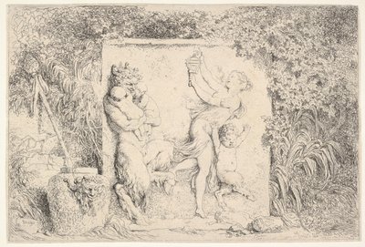 A bas-relief depicting a satyr at left holding two infants, another child satyr to right... by Jean Honore Fragonard