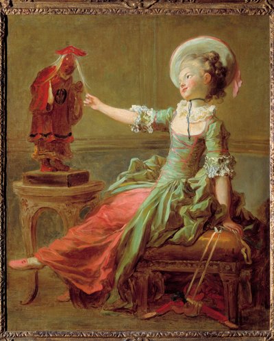 A young girl has fun with a Chinese statue pulling her hair by Jean Honore Fragonard