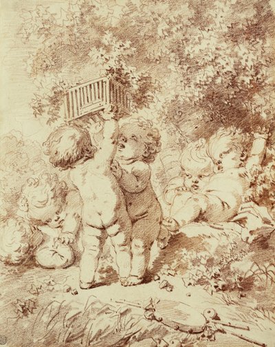 Six Putti at Play, Two Holding Up a Cage by Jean Honore Fragonard