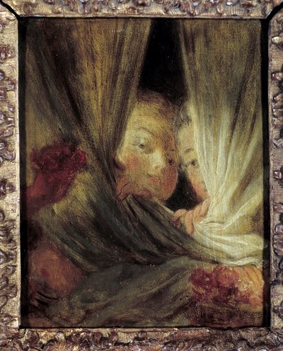 The Curious Two Little Girls Spying Behind the Curtains by Jean Honore Fragonard