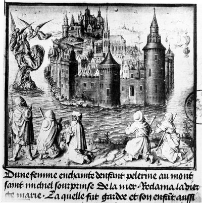 Pregnant woman on a pilgrimage to Mont Saint-Michel is caught by the tide but miraculously saved through the intervention of the Virgin Mary by Jean I Le Tavernier