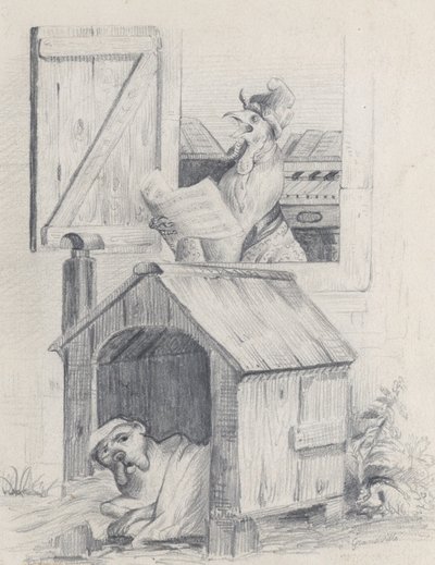 Dog in Doghouse, Cock Singing at Window, ca. 1842 by Jean Ignace Isidore Gérard