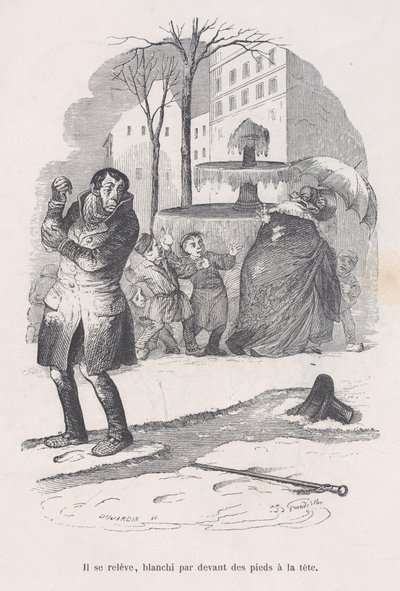 He gets up, covered from head to toe in snow, from the Little Miseries of Human Life, 1843 by Jean Ignace Isidore Gérard