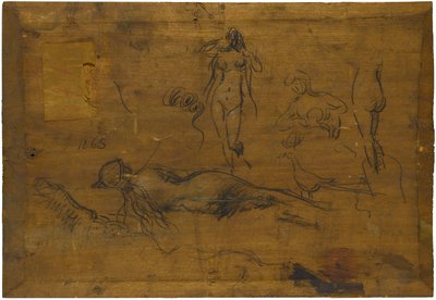 Girl with Blue Ribbon (recto) / Five nude studies, a peacock and a head in profile (verso) by Jean Jacques Henner