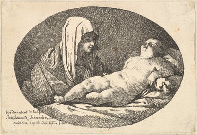 The Virgin at left watching the infant Christ as he sleeps, an oval composition by Jean Jacques Lagrenee