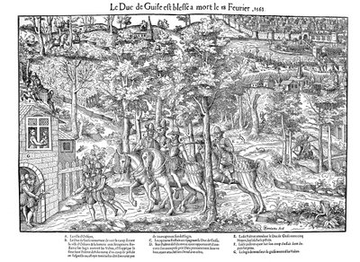 Murder of Francois de Lorraine, Duc de Guise, French Religious Wars, 18 February 1563 by Jean Jacques Perrissin