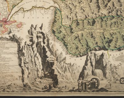 Nova Helvetiae tabula geographica illustrissimis et potentissimis cantonibus et rebuspublicis reformatae religionis Tigurinae, Bernensi, Glaronensi, Basiliensi, Scaphusianae, Abbatis Cellanae (detail) by Jean Jacques Scheuchzer