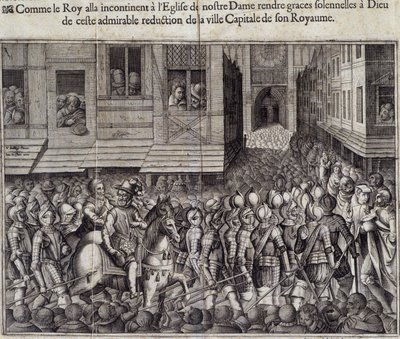 Entry of Henry IV (1553 - 1610) in Paris on 22 March 1594 and going to the Cathedral of Notre Dame to attend Mass - Engraving by Jean Lecler, after Bollery, Musee de Notre Dame de Paris by Jean Leclerc