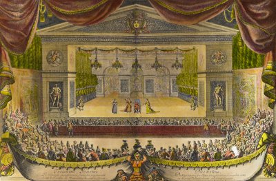 Representation of the Imaginary Invalid in Versailles. The play by Moliere in front of the cave of Thetis in the gardens of Versailles in the presence of King Louis XIV by Jean Lepautre