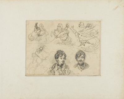 Sheet of Sketches: Riders, Mermaids and Two Portraits of Young Men by Jean Louis André Théodore Géricault