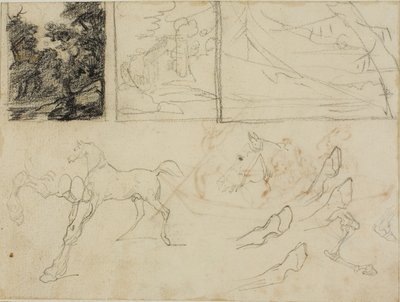 Sheet of Sketches: Three Landscapes, Horses, and Hooves by Jean Louis André Théodore Géricault