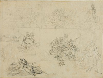 Sketches of A Cavalry Battle, Soldiers, and a Landscape by Jean Louis André Théodore Géricault
