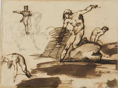 Study of Napoleon on Horseback with Sketches of Nudes Among Rocks by Jean Louis André Théodore Géricault