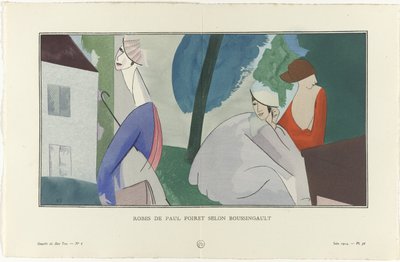 Gazette du Bon Ton, 1914 - No. 6, Pl. 56: Dresses by Paul Poiret according to Boussingault by Jean Louis Boussingault