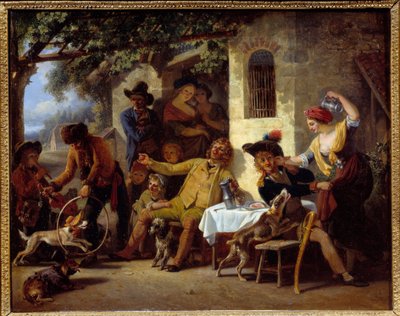 Saltimbanques in front of an inn by Jean Louis Demarne