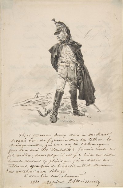 Letter to Samuel P. Avery with a drawing of a military figure, 1880 by Jean Louis Ernest Meissonier