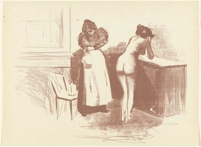 Naked Woman Washing Herself with Servant Standing Beside Her Croquis La Friction au gant de crin L
