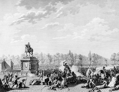French Revolution: Place Louis XV, the dragons of Charles Eugene de Lorraine, Prince of Lambesc (1754-1825) loaded a cortege carrying the busts of Jacques Necker (1732-1804) and the Duke of Orleans on 12 July 1789. Engraving by Berthaut after Prior. Paris by Jean Louis II (after) Prieur