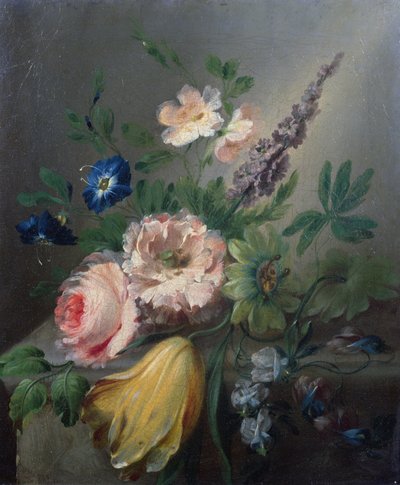 Still life of roses, passion flowers, a tulip and other flowers on a stone ledge by Jean Louis Prevost