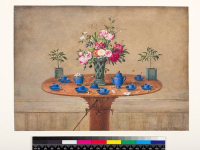 Still Life with a Vase of Flowers and a Tea Service by Jean Louis Prevost