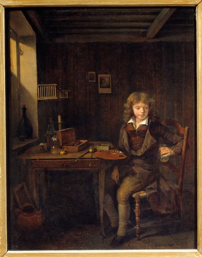 A young student preparing the colors of his master by Jean Michel Grobon