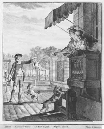 Taking up a Bet, engraved by Camligue (fl.1785) c.1777 by Jean Michel the Younger Moreau
