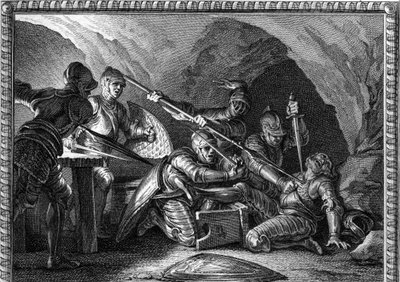 Assassination of Waifre (or Gaifier), Duke of Aquitaine (767 or 768). Engraving by Romanet after Moreau le jeune (1779). by Jean Michel the Younger (after) Moreau