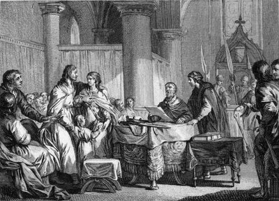 Abdication of Carloman for the benefit of his brother, Pepin III, 747 (engraving by Jean Michel Moreau) by Jean Michel the Younger Moreau