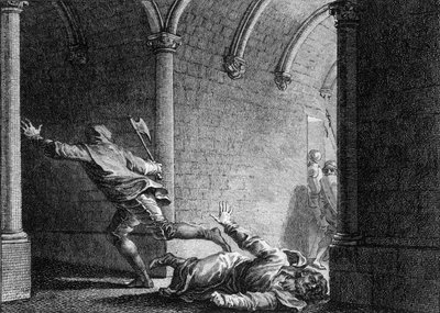 Assassination of Ebroin, mayor of Neustria Palace, 681: he was killed with an axe by Hermanfroi, lord whom he had robbed of his property. Engraving by Jean Michel Moreau, dit Moreau le Jeune (1741-1814) by Jean Michel the Younger Moreau
