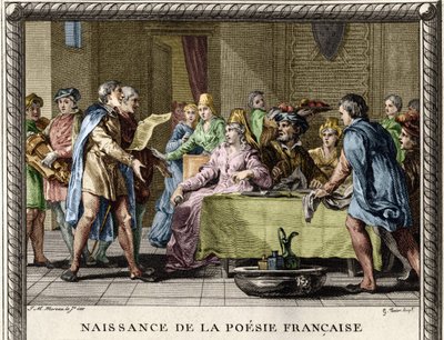 Birth of French Poetry: Troubadours, Followed by Jugglers and Ménétiers, Recite the First Poems in French During the Festivities Among the Nobles in the 12th Century (Engraving by Moreau le Jeune) by Jean Michel the Younger Moreau
