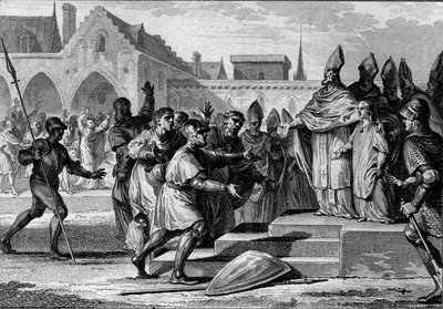 Charles III the Simple (879-929) is rebuilt on the throne of France by Foulques, Archbishop of Reims, 892. Engraving by Jean Michel Moreau, dit Moreau le Jeune (1741-1814) by Jean Michel the Younger Moreau