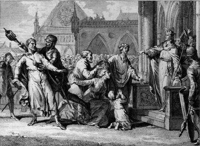 Dagobert 1st (602/605-638), King of the Franks, tries to assert the royal authority in Burgundy by hearing the complaints of the inhabitants against their lords. Engraving by Jean Michel Moreau, dit Moreau le Jeune (1741-1814) by Jean Michel the Younger Moreau