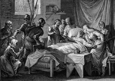Death and succession of Charles II the Bald (823-877), 877: the king handed over to the empress the imperial crown, his golden sceptre, the sword of Saint Peter and a testament by which he designates his son Louis the Stammerer for inheritance. Engraving b by Jean Michel the Younger Moreau