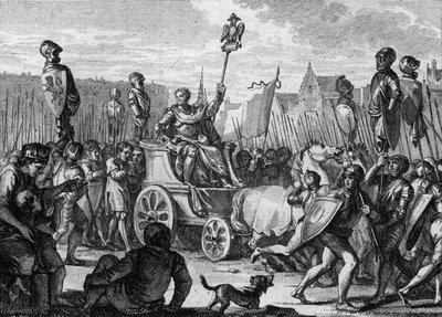 Defile by Philip II Auguste (1165-1223) in the streets of Paris, after the victory of the French army against the Flemish and Welfs of Othon IV at the Battle of Bouvines by Jean Michel the Younger Moreau