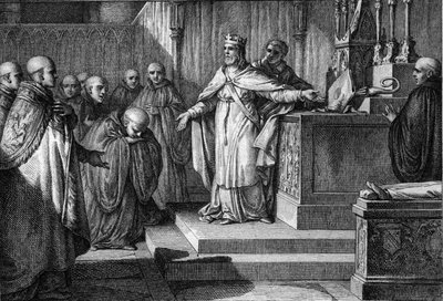 Hugues Capet (941-996) re-established the canonical elections: the king of the Franks allowed the monks to elect their abbots by placing on an altar a crosier and a mitre. Engraving by Jean Michel Moreau, dit Moreau le Jeune (1741-1814) by Jean Michel the Younger Moreau